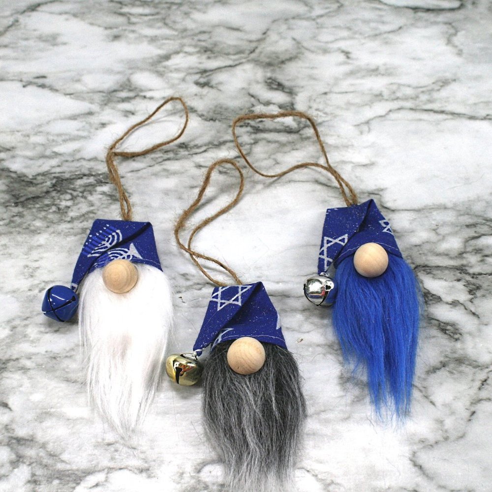 HAND CRAFTED Gnome Hanukkah Holiday Ornaments Set of 3 - Blue Stars